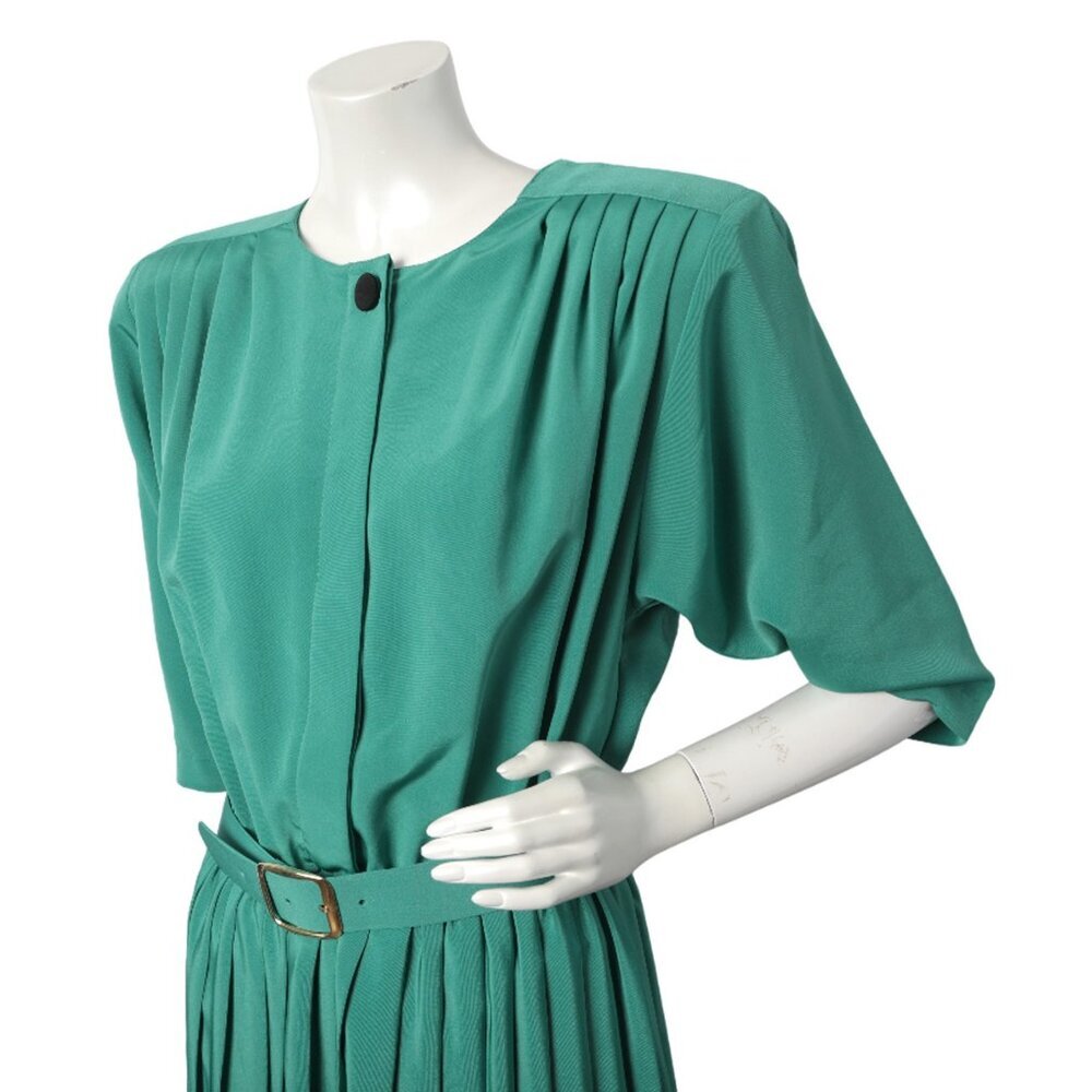 Vintage Joseph Ribkoff Green Pleated Midi Dress 80s Secretary Shoulder Pads - Picture 6 of 13